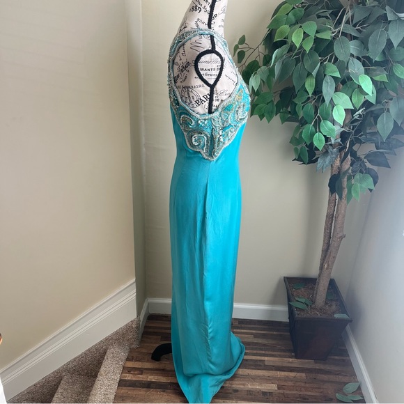 Oleg Cassini Black Tie Vintage Silk Beaded Formal Gown Blue Sz 4 - Picture 9 of 16